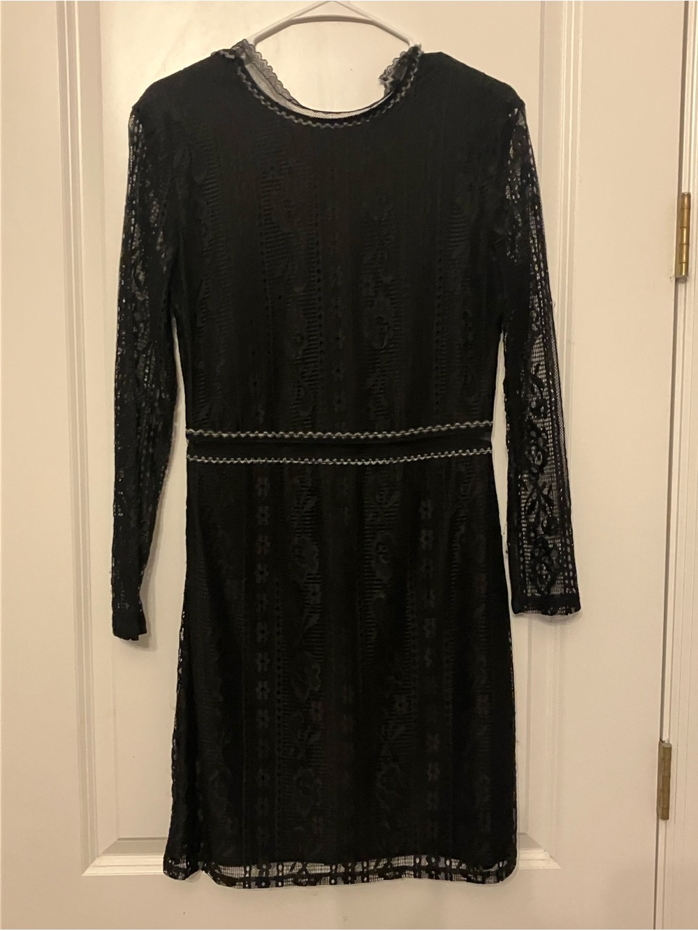 Black Lace Long-Sleeve Mini Dress with Waist Trim - Women's Evening Dress